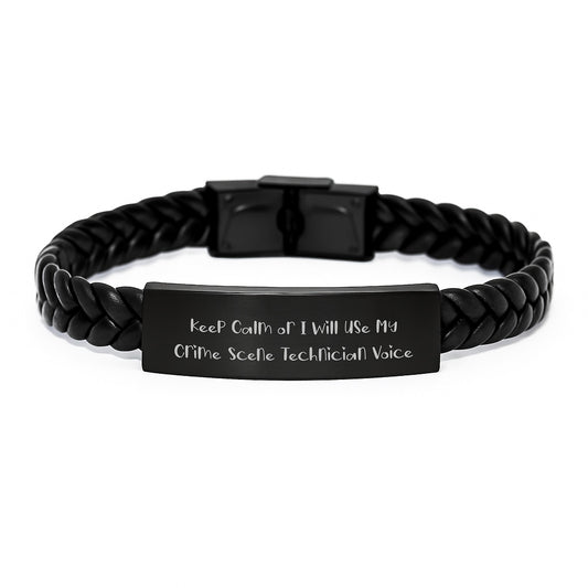 Crime Scene Technician Interlaced Leather Bracelet Gifts for Men Women, Funny 'Keep Calm Or I Will Use My Crime Scene Technician Voice' Stainless Steel PU Leather - Image 1