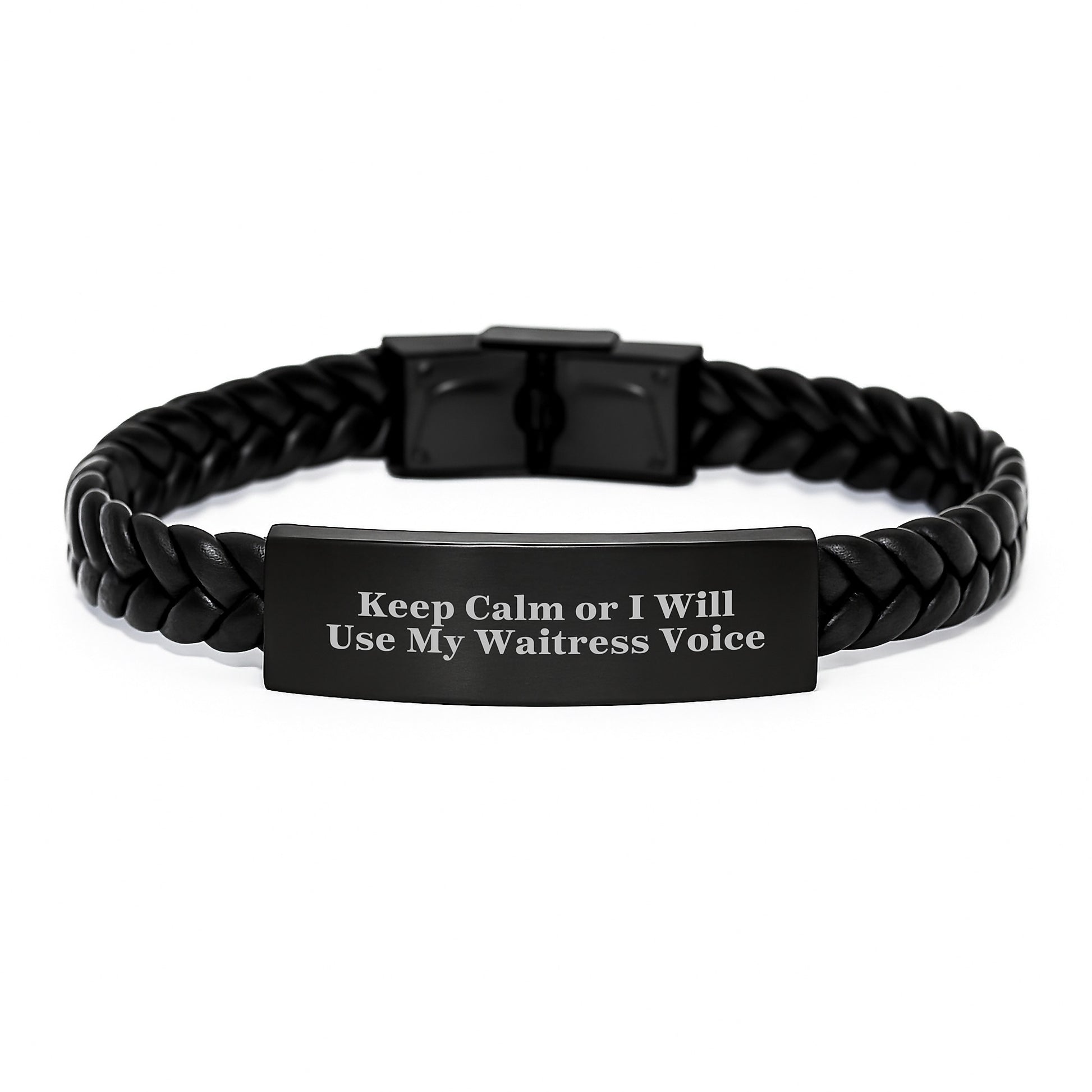 Funny Waitress Gifts from Men to Friends, Unique Interlaced Leather Bracelet for Graduation, Keep Calm or I'll Use My Waitress Voice - Image 1