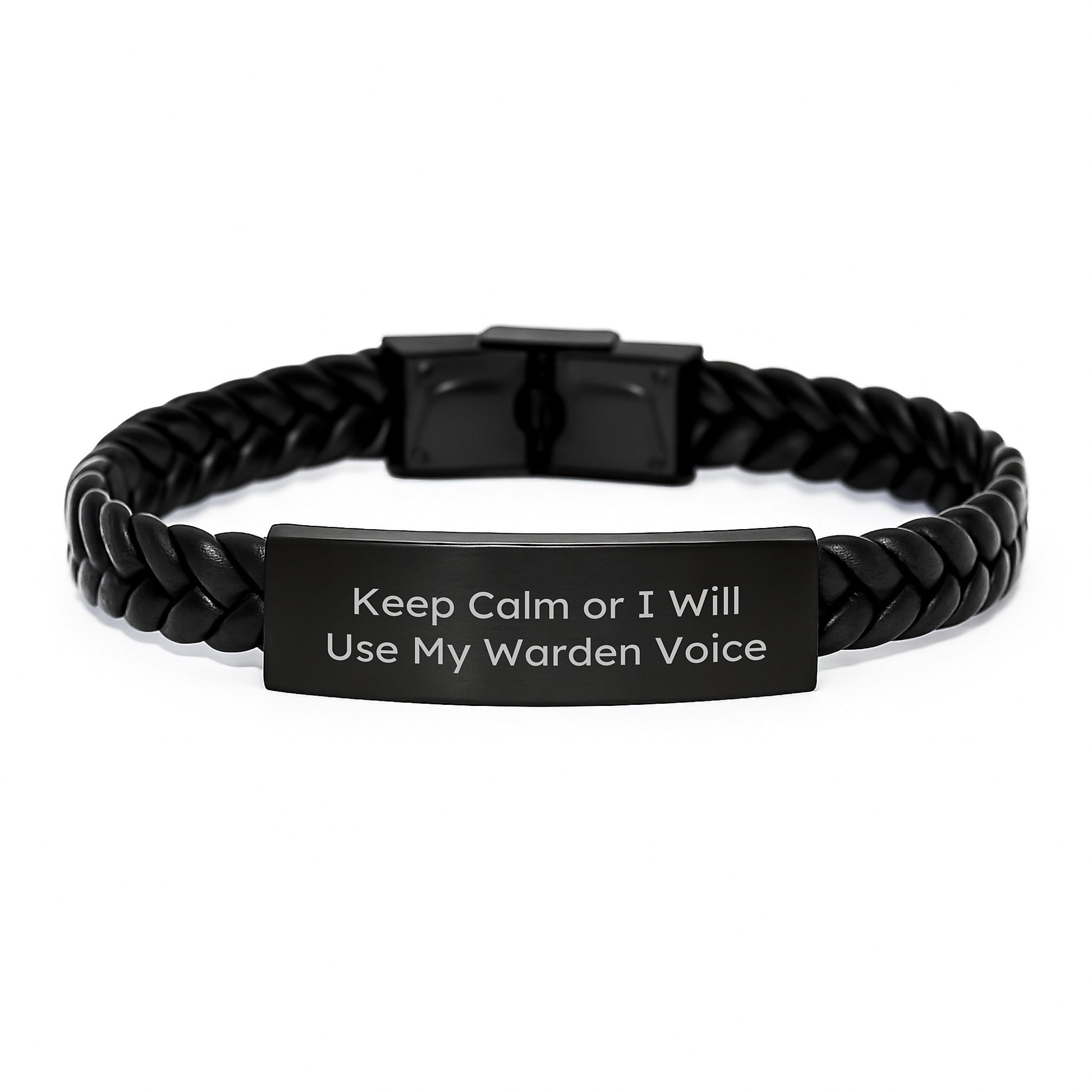 Warden Humor Interlaced Leather Bracelet, Funny Graduation Gift from Friends, Inspirational Quote 'Keep Calm Or I Will Use My Warden Voice', Gifts for Warden - Image 1