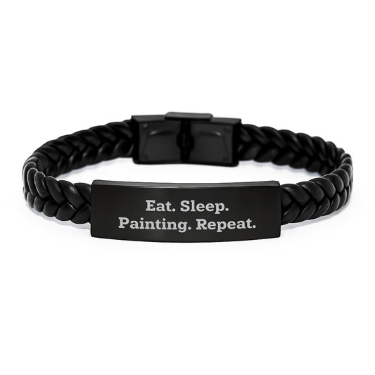 Funny Painting Interlaced Leather Bracelt Gifts from Family for Painting Enthusiasts, Eat. Sleep. Painting. Repeat., 7.87 inches, Stainless Steel and PU Leather, Perfect for Graduation - Image 1