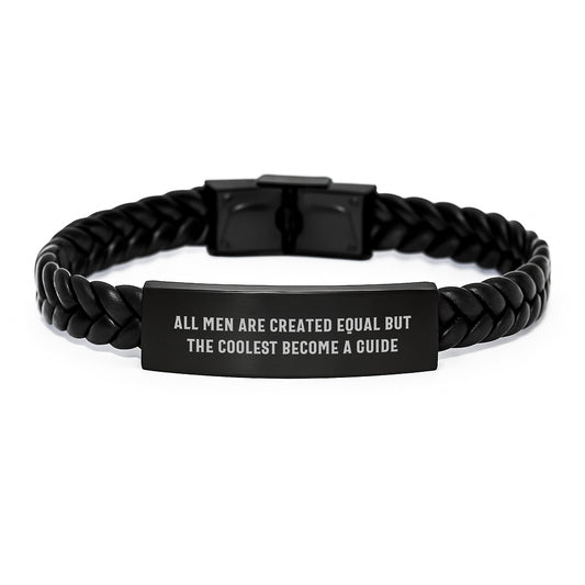 Unique Guide Interlaced Leather Bracelet Gifts for Men from Dad on Father's Day, Funny Quote 'All Men Are Created Equal But The Coolest Become A Guide' Interlaced Leather Bracelet - Image 1