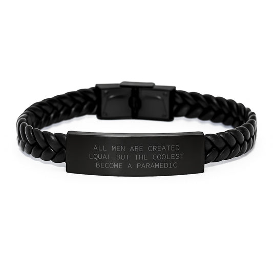 Rescue Worker Graduation Gifts from Friends, Rescue Worker Men Gift Unique, Inspired by 'All Men Are Created Equal But The Coolest Become A Rescue Worker' Quote, Interlaced Leather Bracelet - Image 1