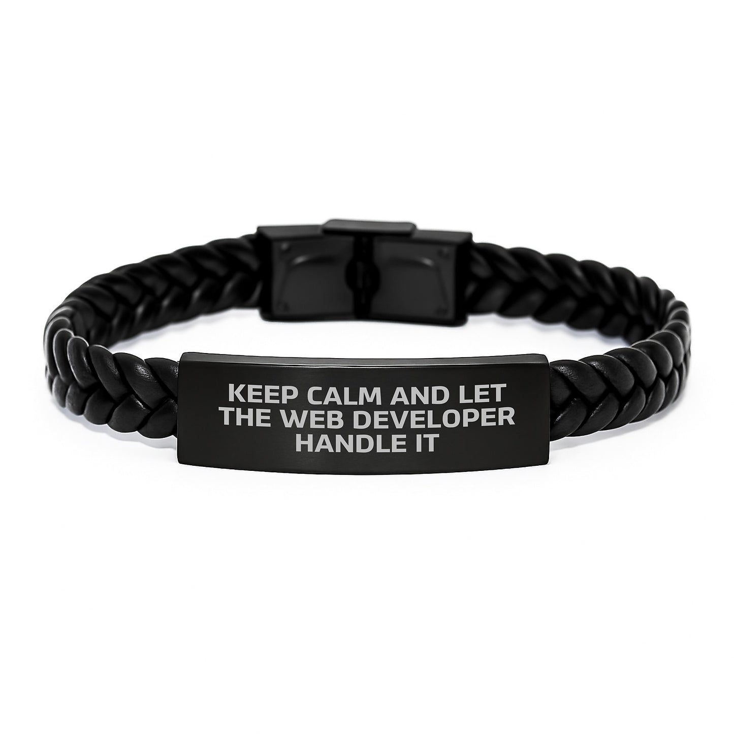 Keep Calm and Let the Web Developer Handle It, Web Developer Gifts from Family for Birthday, Interlaced Leather Web Developer Bracelet, Funny Quote, Stainless Steel and PU Leather - Image 1