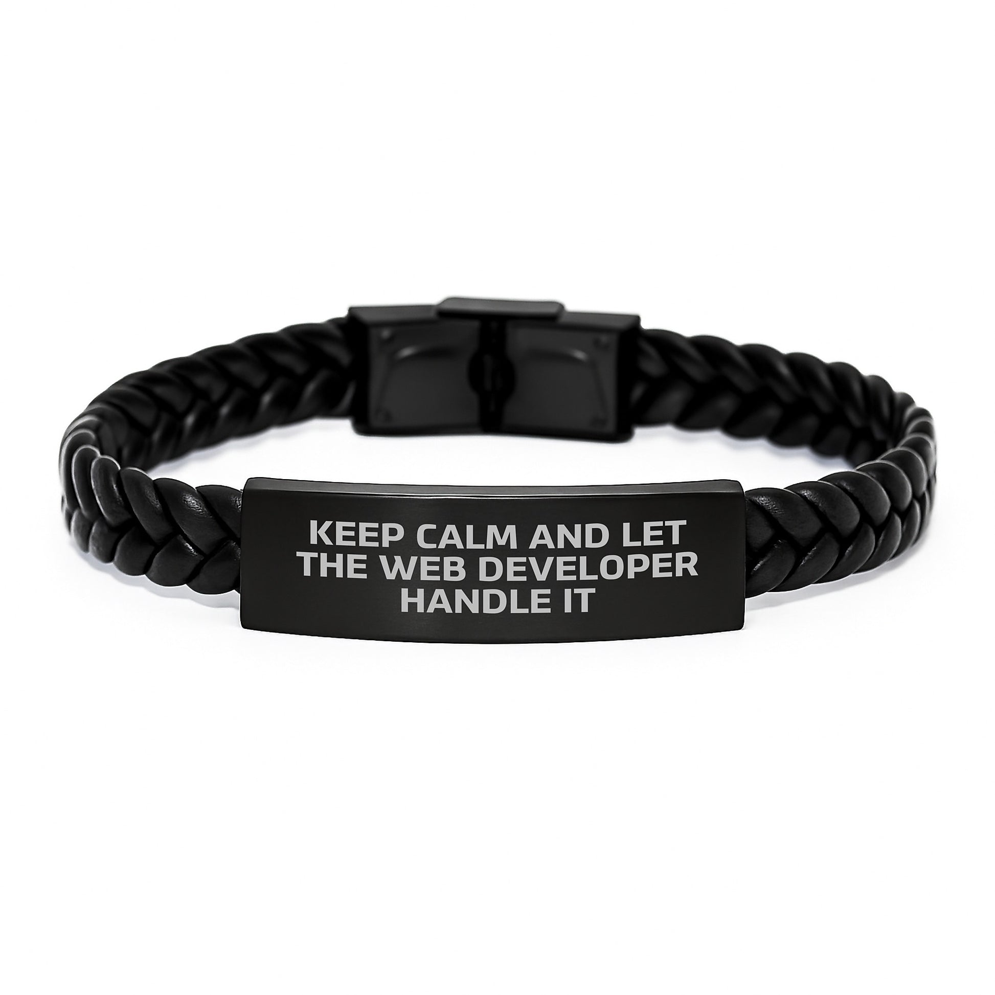 Keep Calm and Let the Web Developer Handle It, Web Developer Gifts from Family for Birthday, Interlaced Leather Web Developer Bracelet, Funny Quote, Stainless Steel and PU Leather - Image 1
