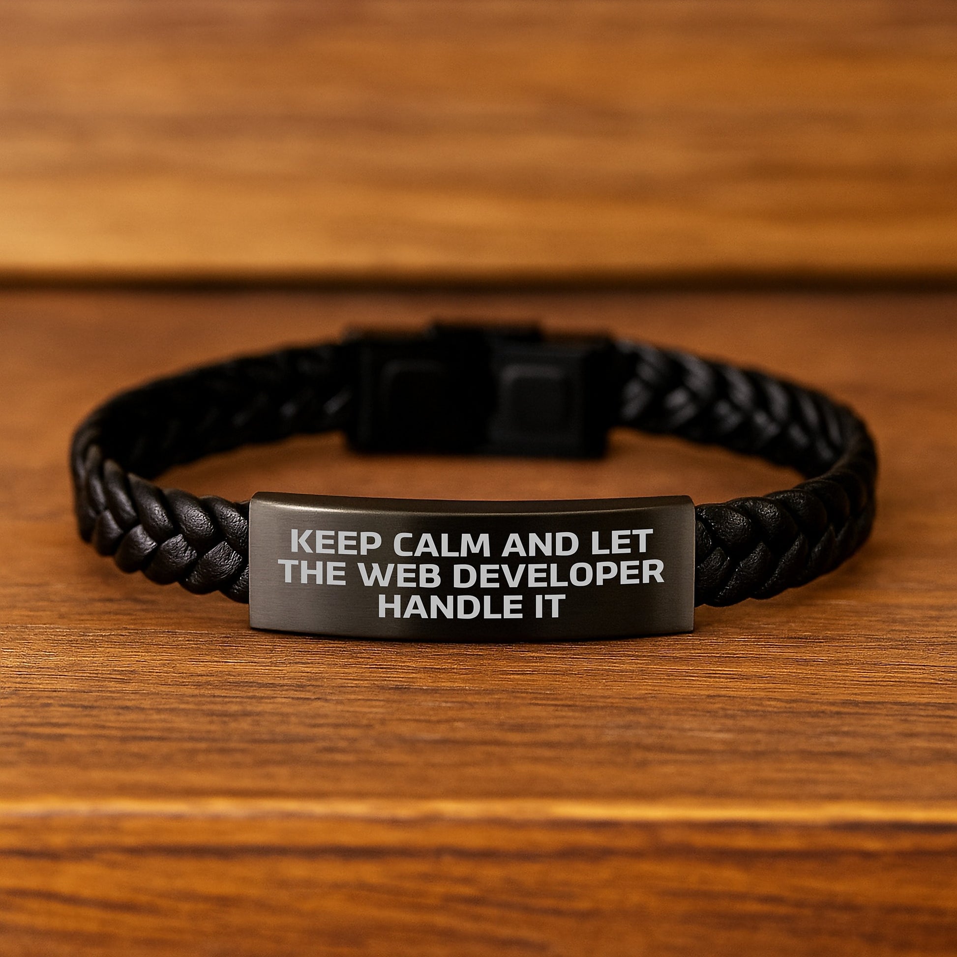 Keep Calm and Let the Web Developer Handle It, Web Developer Gifts from Family for Birthday, Interlaced Leather Web Developer Bracelet, Funny Quote, Stainless Steel and PU Leather - Image 2
