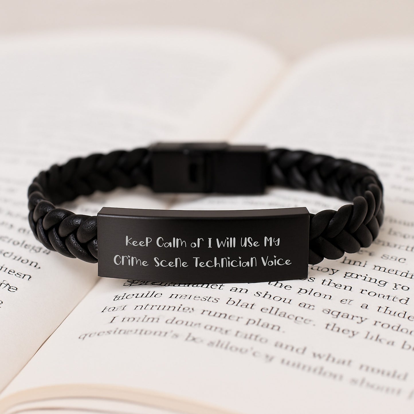Crime Scene Technician Interlaced Leather Bracelet Gifts for Men Women, Funny 'Keep Calm Or I Will Use My Crime Scene Technician Voice' Stainless Steel PU Leather - Image 3