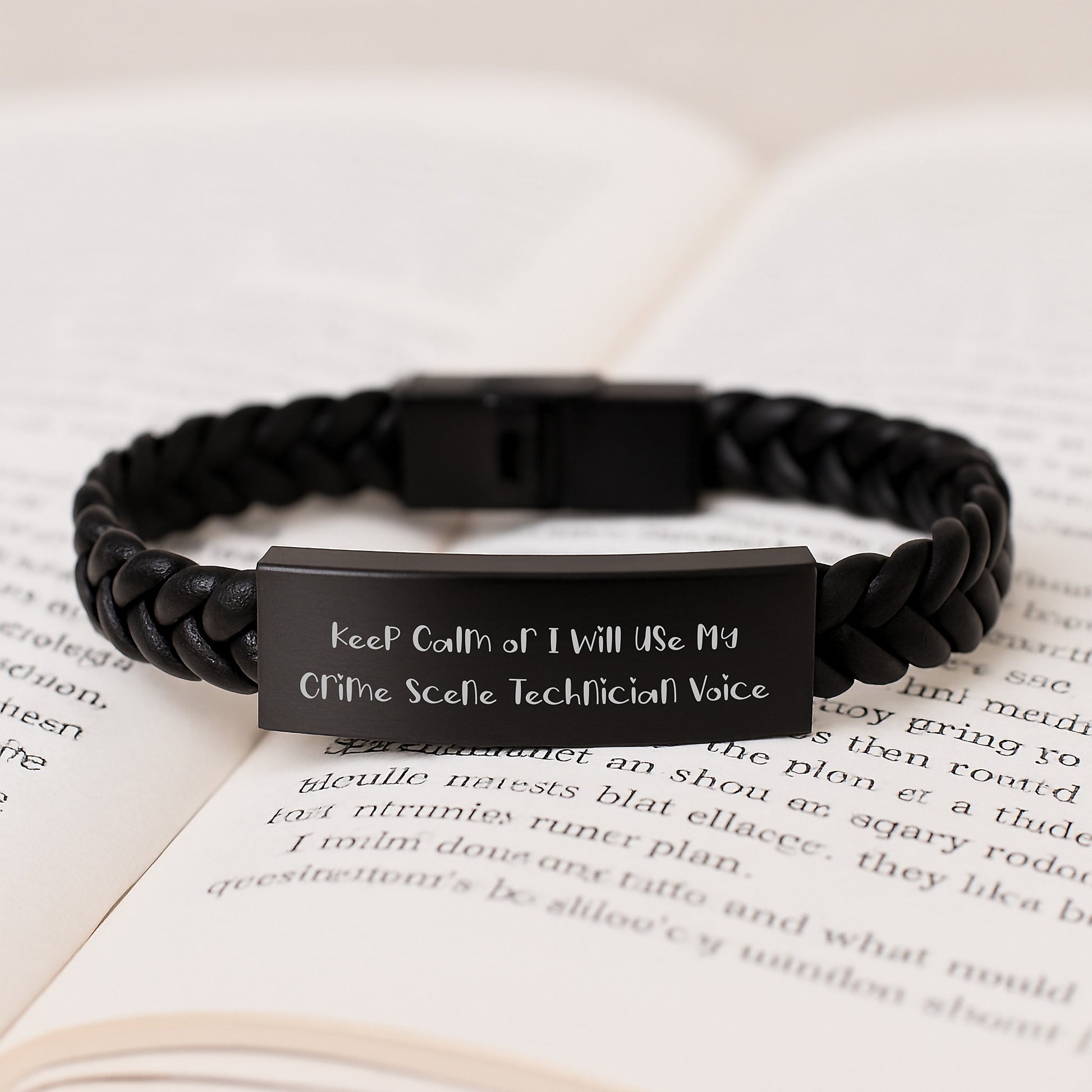 Crime Scene Technician Interlaced Leather Bracelet Gifts for Men Women, Funny 'Keep Calm Or I Will Use My Crime Scene Technician Voice' Stainless Steel PU Leather - Image 3