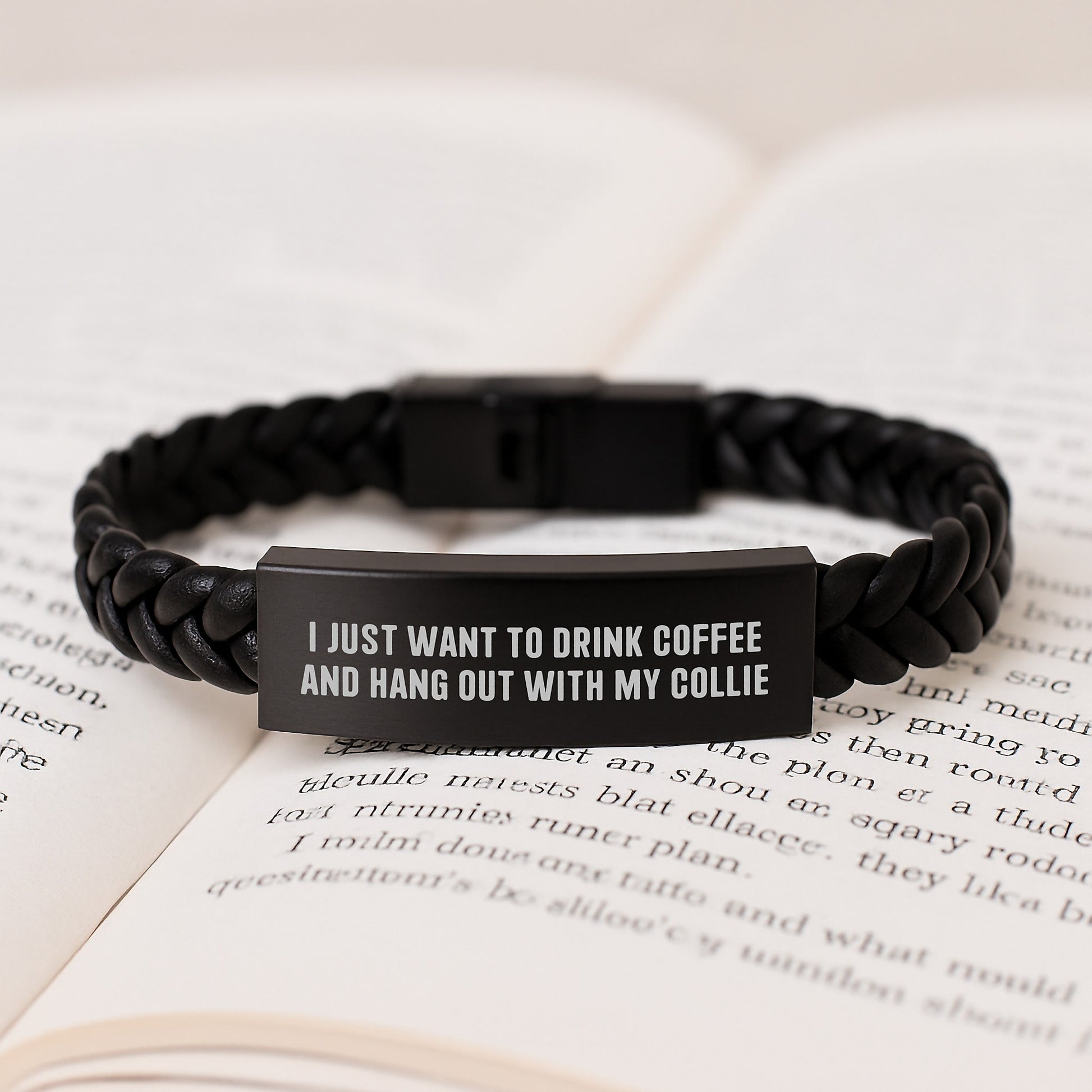 Collie Dog Lovers Gifts from Friends for Birthday Unique Interlaced Leather Braces with Quote 'I Just Want To Drink Coffee And Hang Out With My Collie' - Image 3