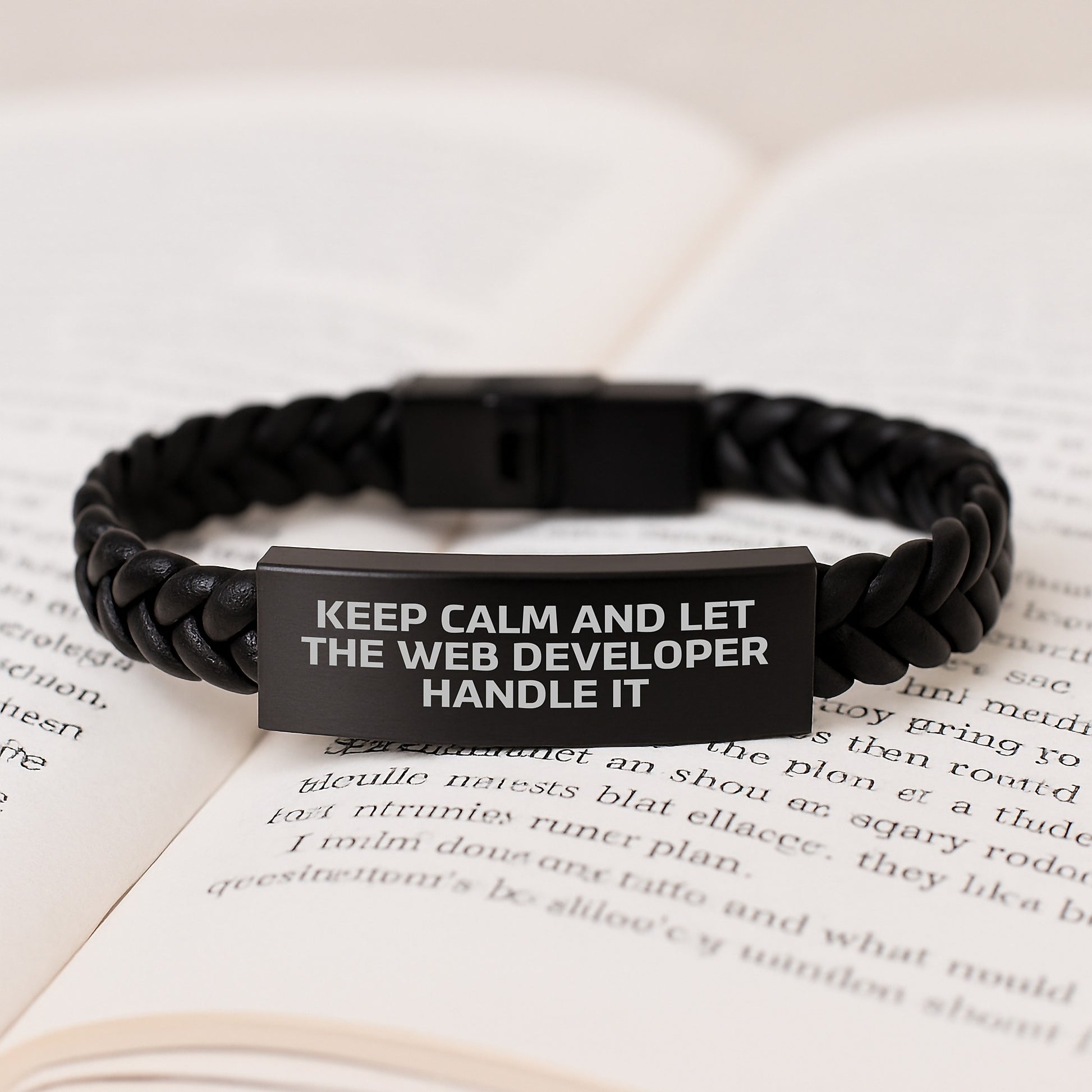 Keep Calm and Let the Web Developer Handle It, Web Developer Gifts from Family for Birthday, Interlaced Leather Web Developer Bracelet, Funny Quote, Stainless Steel and PU Leather - Image 3