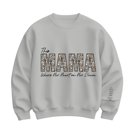 This Mama Wears Her Heart On Her Sleeve Sweatshirt, Custom Kids’ Names Sleeve Design, Unique Mother’s Day Gift