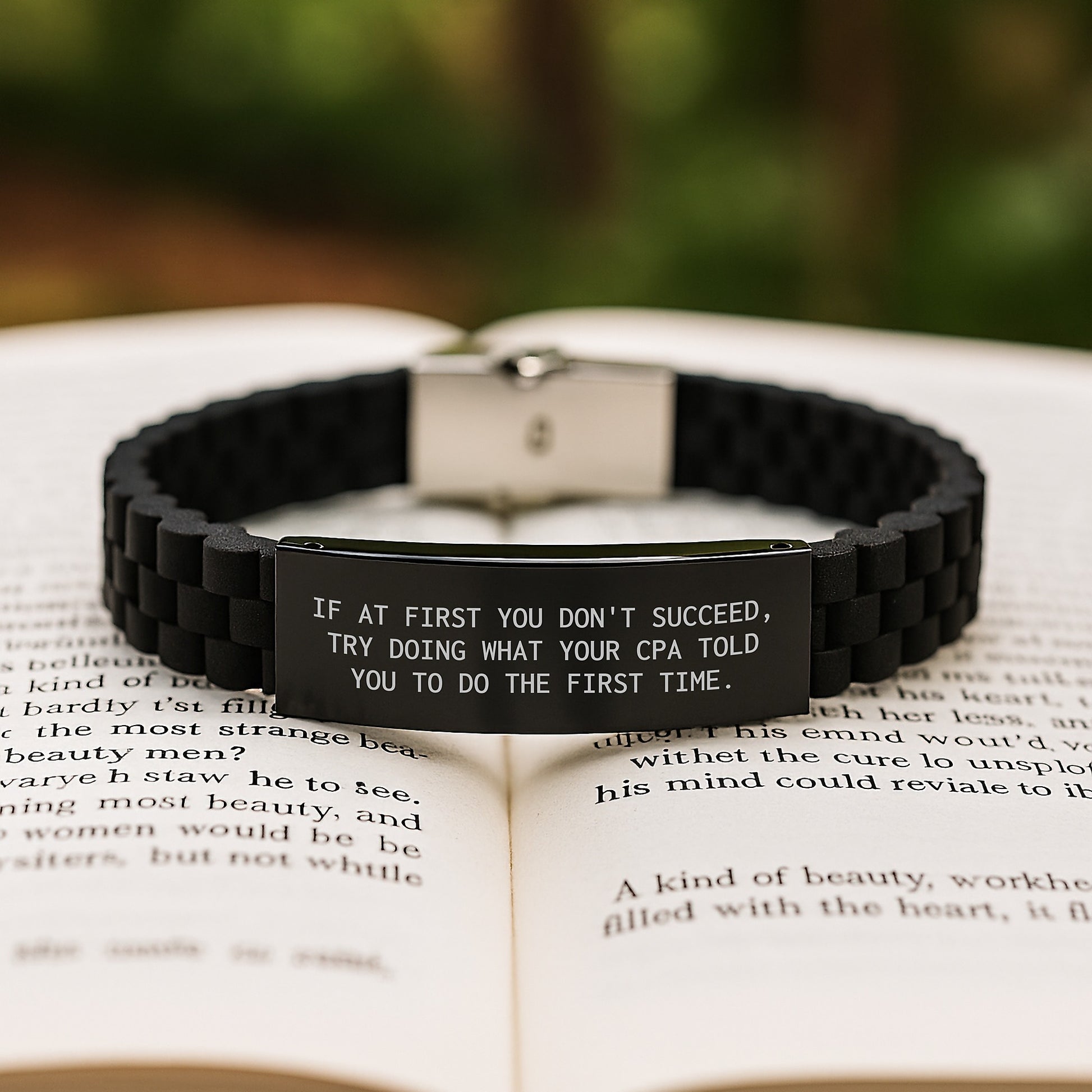 Funny Inspirational Gifts from Friends for CPA Graduation Glide lock Clasp Bracelet, Silver Black Stainless Steel Silicone - Image 2