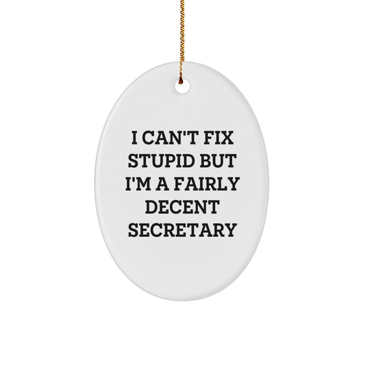 Funny Secretary Gifts from Women to Women, 'I Can't Fix Stupid But I'm A Fairly Decent Secretary' Oval Ornament for Christmas Unique Presents - Image 1