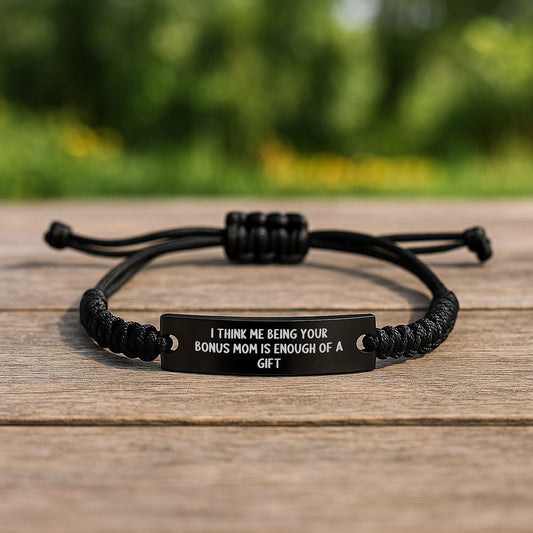 Funny Bonus Mom Gifts from Men to Women, Rope Bracelet for Bonus Mom, Gifts on Father's Day with 'I Think Me Being Your Bonus Mom Is Enough Of A Gift' Quote, Black Stainless Steel Rope - Image 2