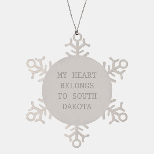 Snowflake Ornament Gifts from South Dakota - 'My Heart Belongs To South Dakota' Funny Christmas Ornament for Friends, Family, or Coworkers - Image 1
